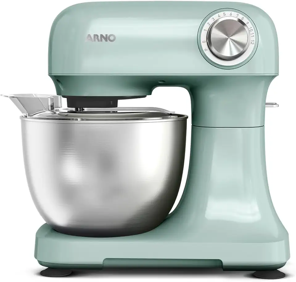 Batedeira Arno Planetária Bake Easy KM13, 500W, Verde Eucalipto com Tigela Inox, 3,5L, 12 Velocidades, Transmissão Direta, 3 Batedores, Tampa Anti-Respingos e Design Compacto, 220V
