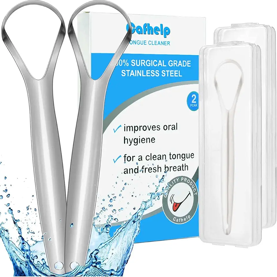 Pacote com 2 Raspadores de língua, 100% útil de aço inoxidável cirúrgico limpador de língua para adultos e crianças, raspadores de língua de metal para redução profissional de mau