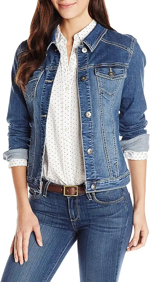 Jaqueta Jeans Curta Feminina de Manga Longa, Gola Reversa com Botões, Tecido Jeans Lavado, Estilo Clássico Retrô, Casaco Casual Diário