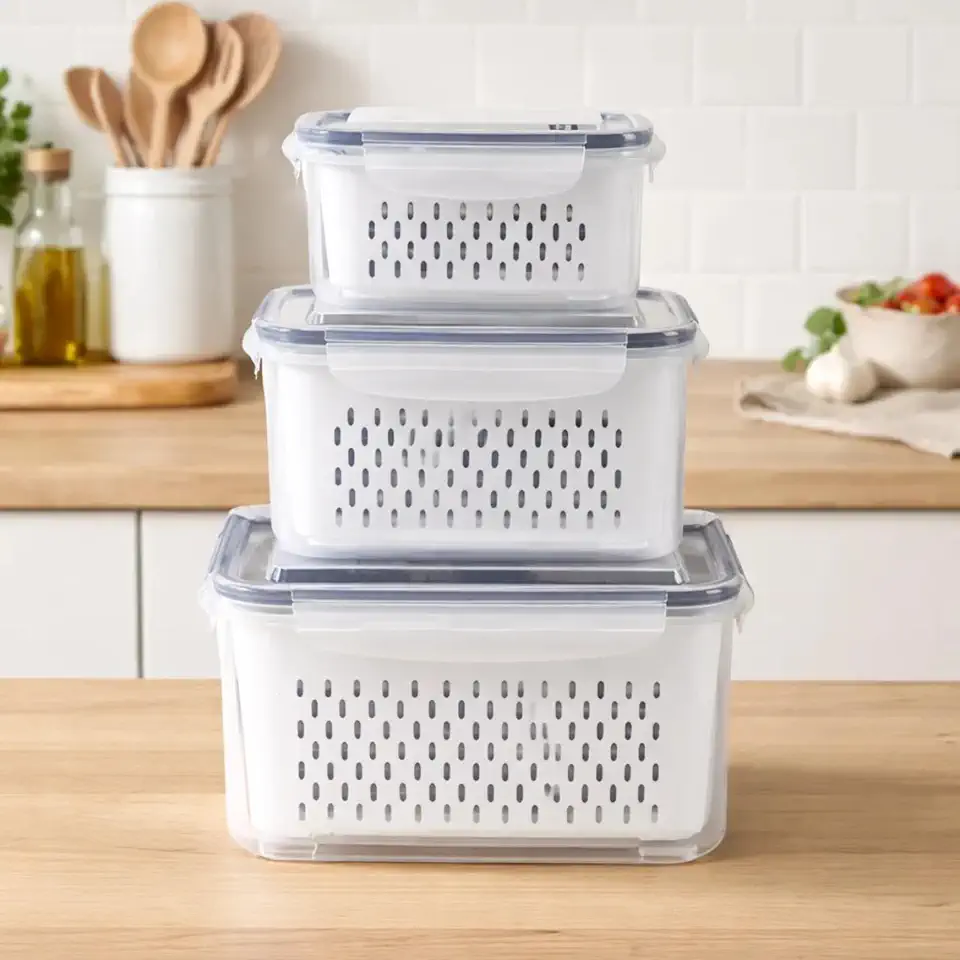 Kit 3 Potes Herméticos Organizadores de Geladeira com Tampa e Borracha Removível – Recipientes Plásticos Transparentes para Alimentos, Freezer e Armário – Conserva Frescor e Evita Odor
