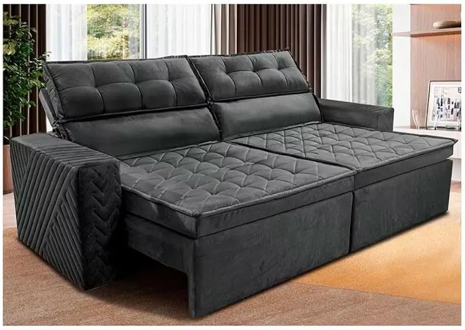 Cama inBox Sofá 3 Lugares Retrátil e Reclinável Belém, Suede Velusoft Cinza, 200cm Largura, 5 Níveis de Inclinação