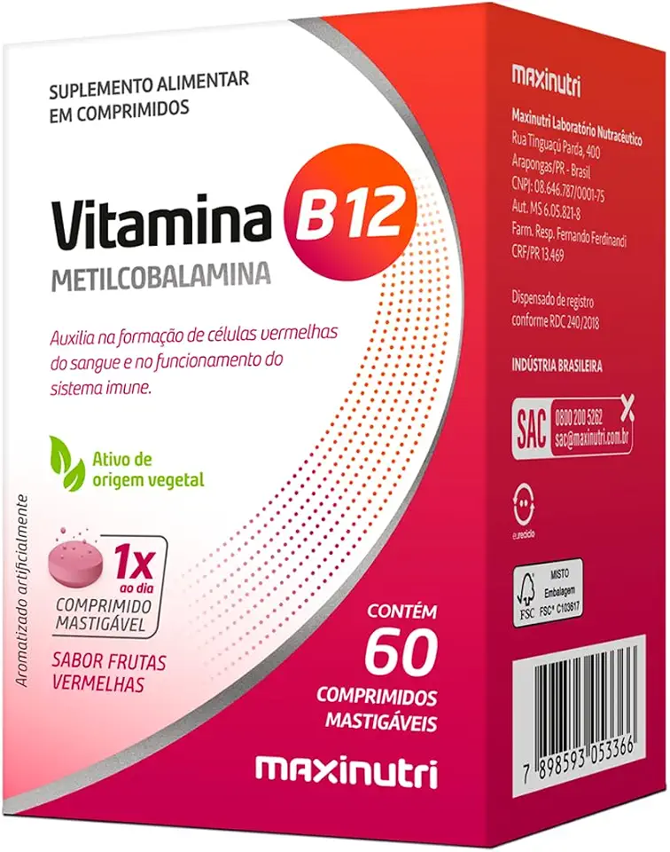 Vitamina B12 Comprimidos Mastigáveis (60 comp), Único, MaxiNutri