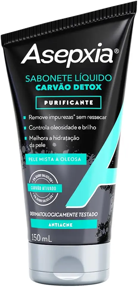 Asepxia Sabonete Líquido Carvão Detox Purificante Para Pele Mista A Oleosa, Remove Impurezas Sem Ressecar, Melhora Hidratação Da Pele, Gel De Limpeza Facial 150Ml, 1 Pack