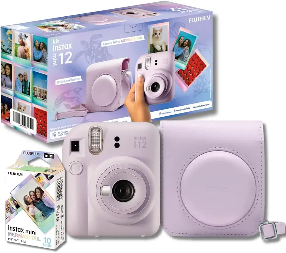 Kit Câmera Instax Mini 12 com pack 10 fotos Mermaid Tail e Bolsa Lilás