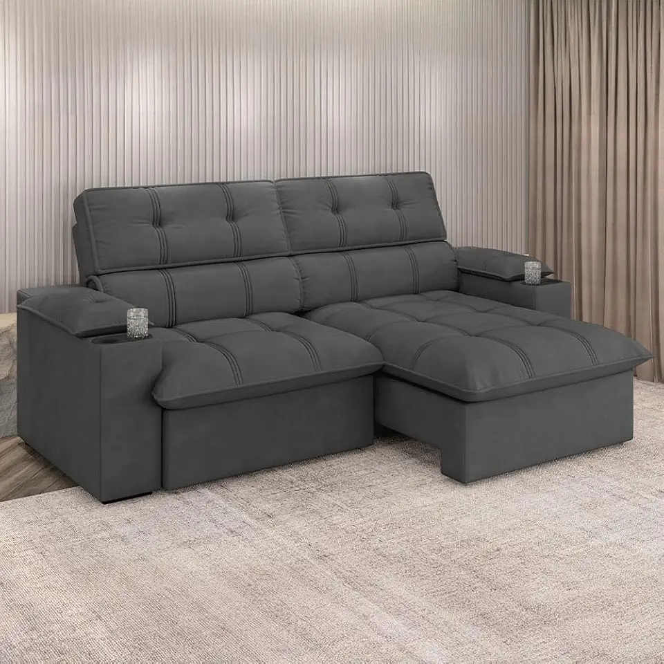 Sofá 4 Lugares Retrátil e Reclinável Liverpool Slim, Revestido em Suede, Titânio, 240cm Largura