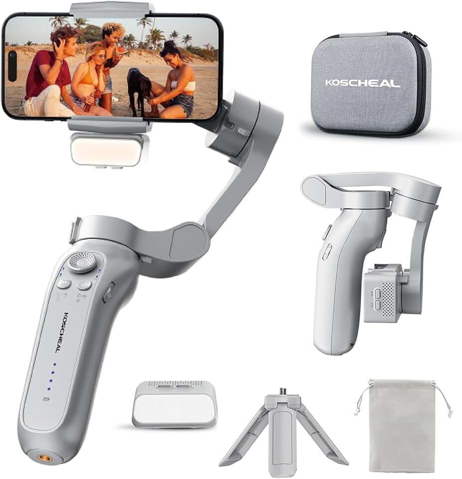 KOSCHEAL Estabilizador Celular - Gimbal para Celular 3 Eixos Portátil e Dobrável com Rotação 360°, Ideal para Vlogs, YouTube, TikTok e Transmissões ao Vivo para Android e iOS