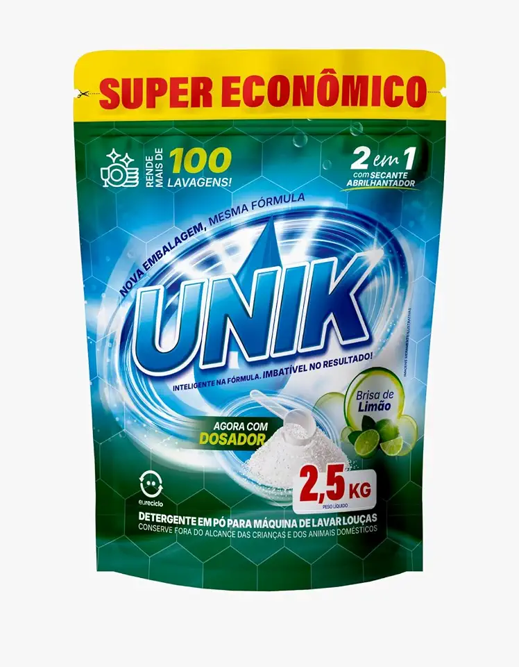 DETERGENTE PARA MÁQUINA DE LAVAR LOUÇAS UNIK 2,5Kg PACOTE ECONÔMICO E COM DOSADOR - RENDE + 100 LAVAGENS