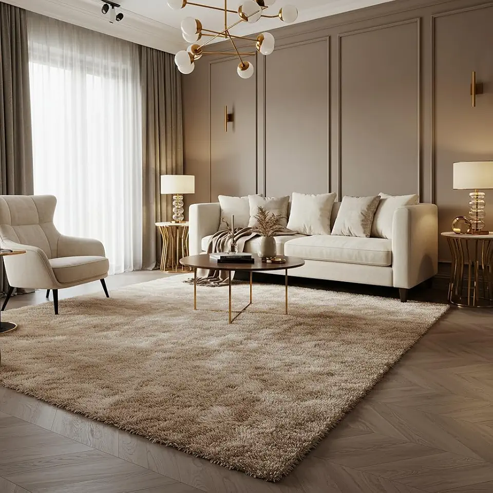Tapete Felpudo Luxo, 230x200 cm, Base Antiderrapante, Retangular, Macio e Confortável para Sala e Quarto (Bege)