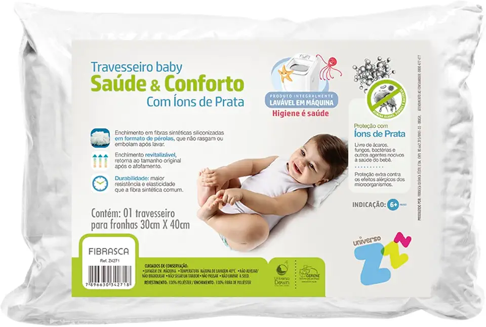 Travesseiro Íons de Prata Baby Lavável Revestimento Fibrasca Branco 30x40 cm
