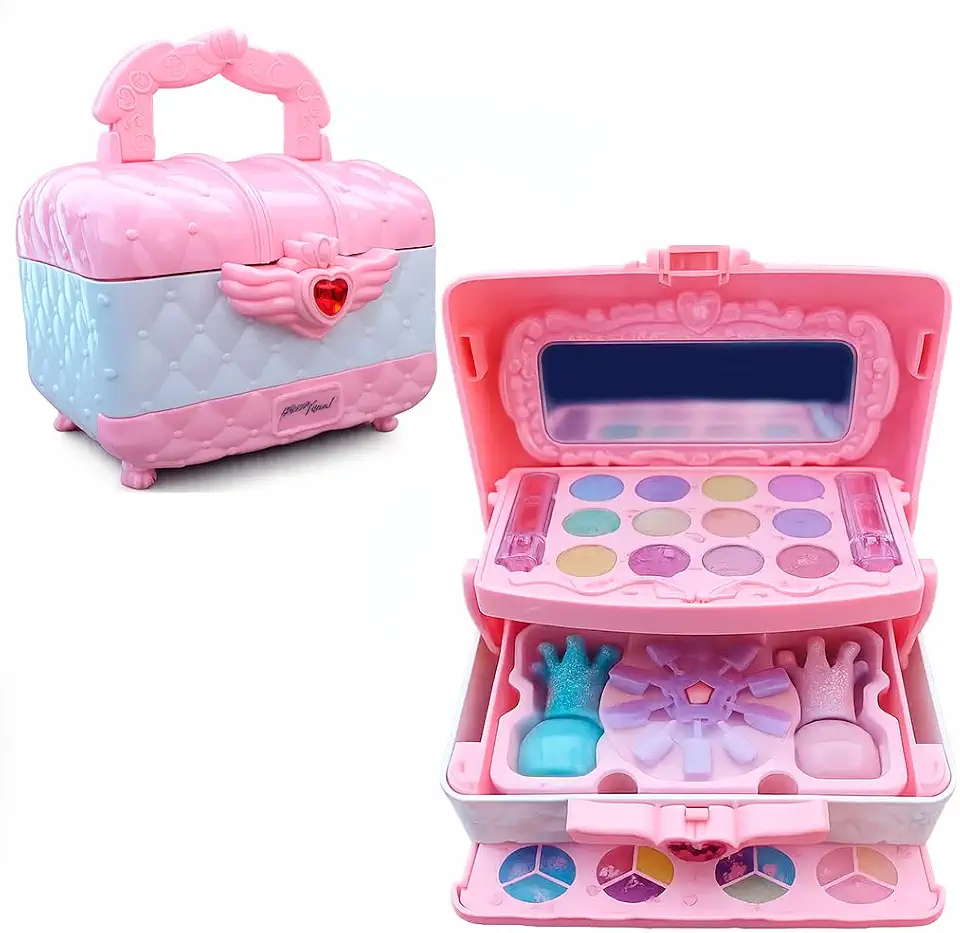 Maleta de Maquiagem Infantil 16,5cm Kit Completo Espelho Batom Sombra Esmalte Pincéis Brilho Glitter Unha Postiça Escova Sobrancelha Atóxico Solúvel em Água Salão de Beleza Premium