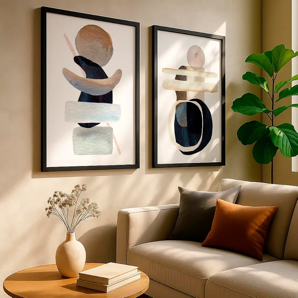 Kit 2 Quadros Decorativos Abstrato Equilíbrio Orgânico Tons Neutros Moderno Minimalista Com Moldura
