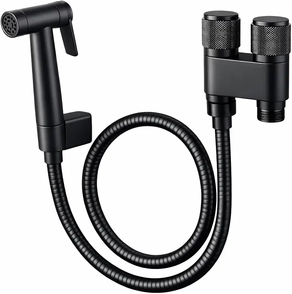 Ducha Higiênica Luxo com Válvula de Controle Dupla 1 Entrada 2 Saídas em Aço Inox, Mangueira 1,5m – Ideal para Banheiro e Lavanderia Preto Luxo