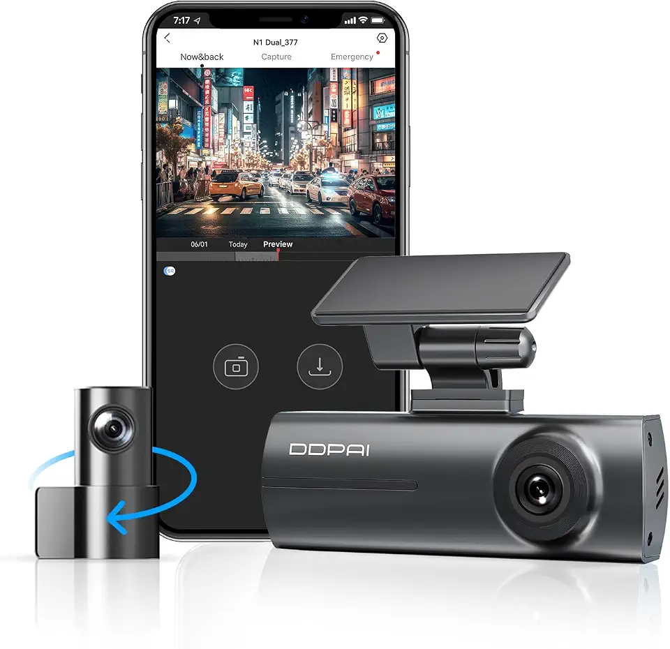 DDPAI N1 Câmera Veicular Dupla 1296P + 1080P com Wi-Fi, Câmera para Carro com Visão Noturna, Sensor G, Gravação em Loop e Modo Estacionamento 24h, Supercapacitor (Cartão SD Não Incluído)