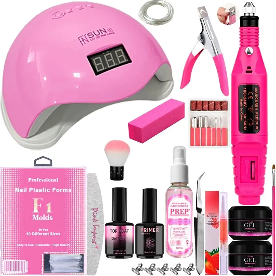 Kit Completo Manicure Unhas de Gel com Cabine Sun LED UV 48W e Lixadeira Elétrica Caneta Bivolt (Rosa)