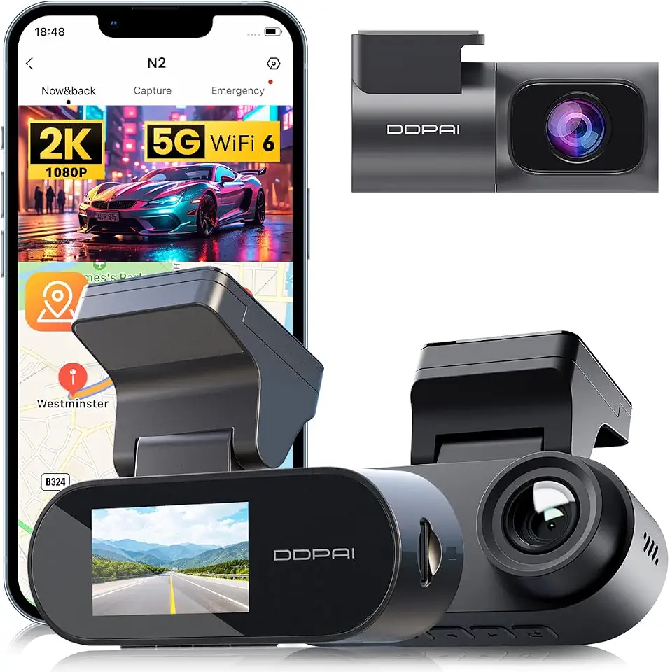 DDPAI N2 Dual Câmera Veicular Frontal Traseira 2K+1080P, Dashcam Com ADAS 2.0, Wi-Fi 6 Câmera para Carro, Modo Estacionamento 24H, Supercapacitor, Visão Noturna AI (Sem Cartão SD)
