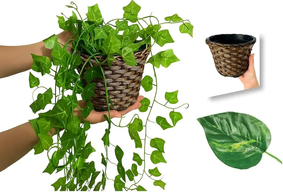 Arranjo C/ 3 Trepadeira + Vaso Trançado Marrom | Arranjo Trepadeira Artificial para Decorações | Plantas para Decoração de Casa, Sala De Estar, Casamento & Escritorio (Folhas de Jiboia)
