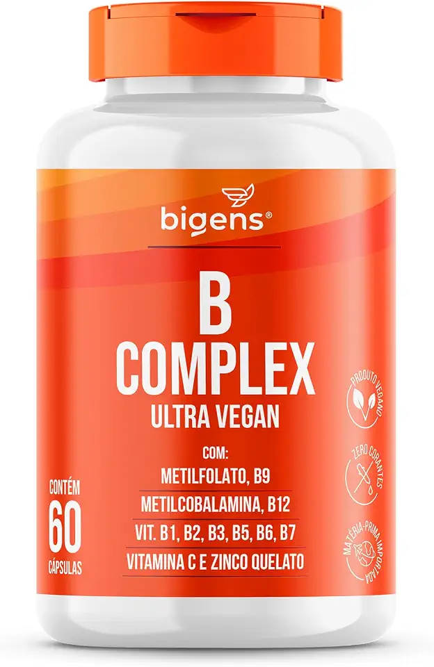 Vitaminas do Complexo B, Vegano, MetilFolato, Metil B12, B1, B2, B3, B5, B6, B7, C, Zinco, 60 capsulas, Bigens