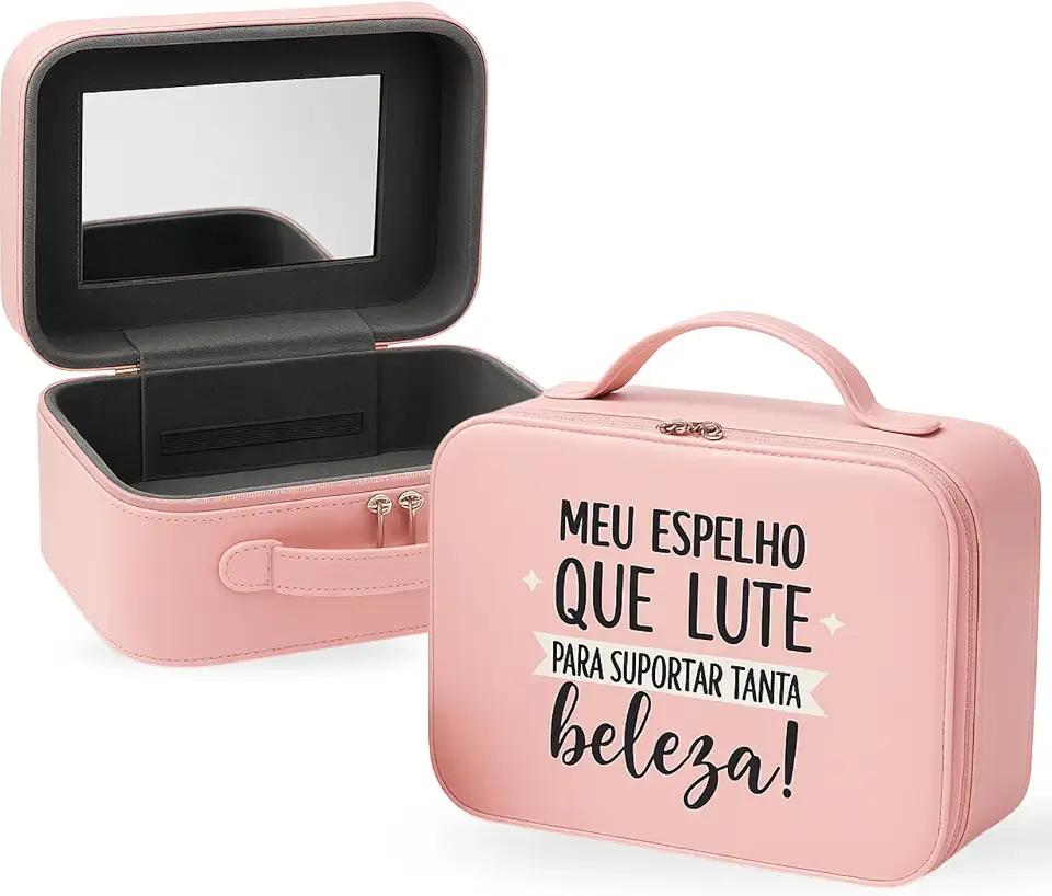 Maleta Organizadora de Maquiagem com Espelho, Forro Macio, Espaço Amplo sem Divisórias, Elásticos Internos e Alça – Ideal para Viagens e Rotina de Beleza – Three Brothers (Maleta Maquiagem Rosa)