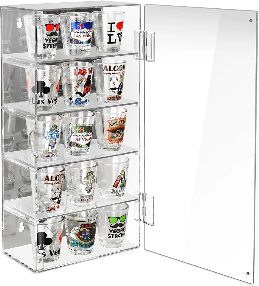 Ikee Design Vitrine de Acrílico Traseira Espelhada com Porta, Vitrine de Coleção Ajustável de 5 Níveis para Mini Figuras Funko Pop e Muito Mais, Independente Ou Montada Na Parede, Transparente