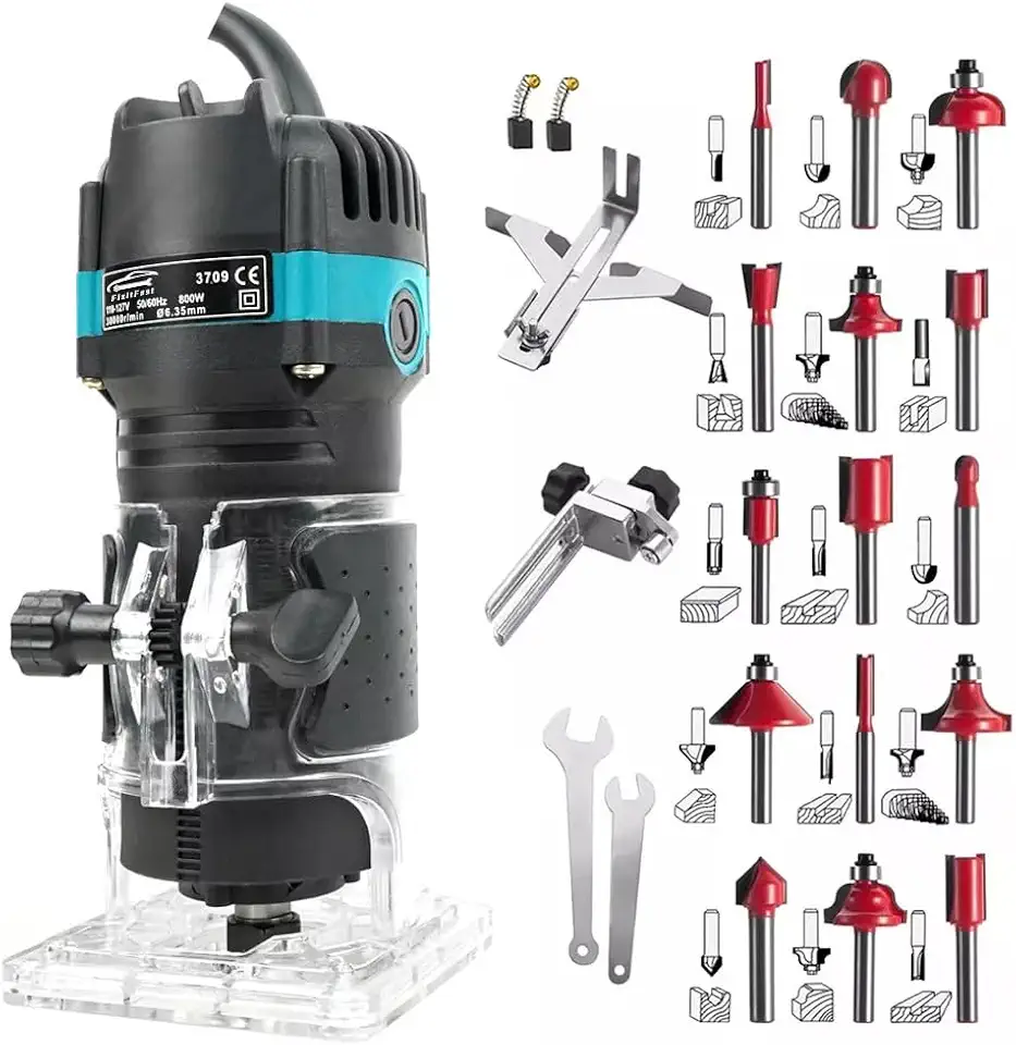FINYQBET Tupia Laminadora Manual - 800W, 30000 RPM, Fresadora de Madeira Portátil, Tupia Com 15 Brocas e acessórios, Ideal para Artesãos Trabalhos em madeira e Profissionais de DIY (Preto, 110V)