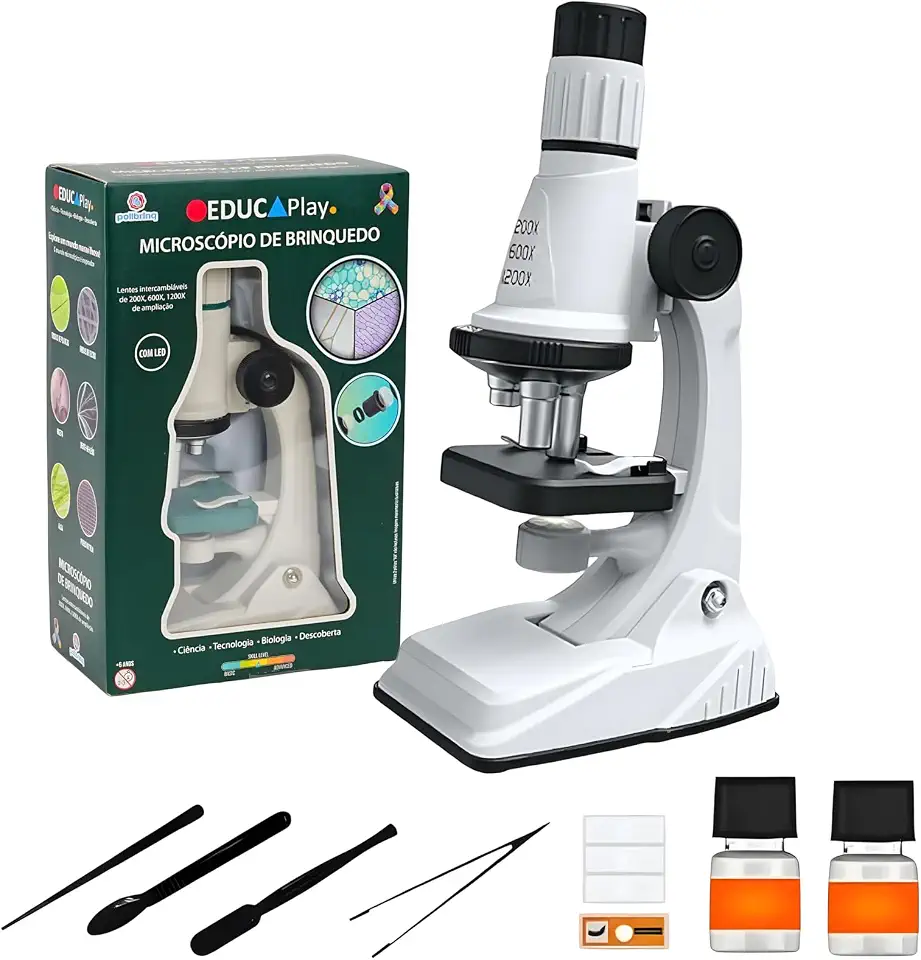 Microscópio Infantil Educacional com 1200x Ampliação, Branco, 22 cm, Kit Completo com Acessórios Incluídos