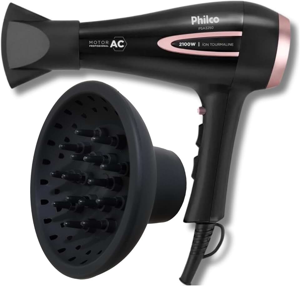Secador de Cabelo Philco Profissional 2100W Íon Tourmaline com Difusor de Cachos - 127v