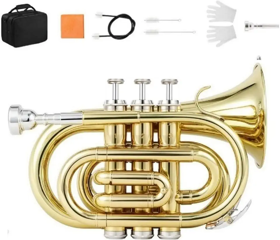 VEDO Pocket Trompete Bb FlatCom Bocal de 7c, Pano de Limpeza, Luvas for Beginners Students, Profissional Trompete, Trumpetde Latão, de Blauta B, Instrumento de Infantil dourado