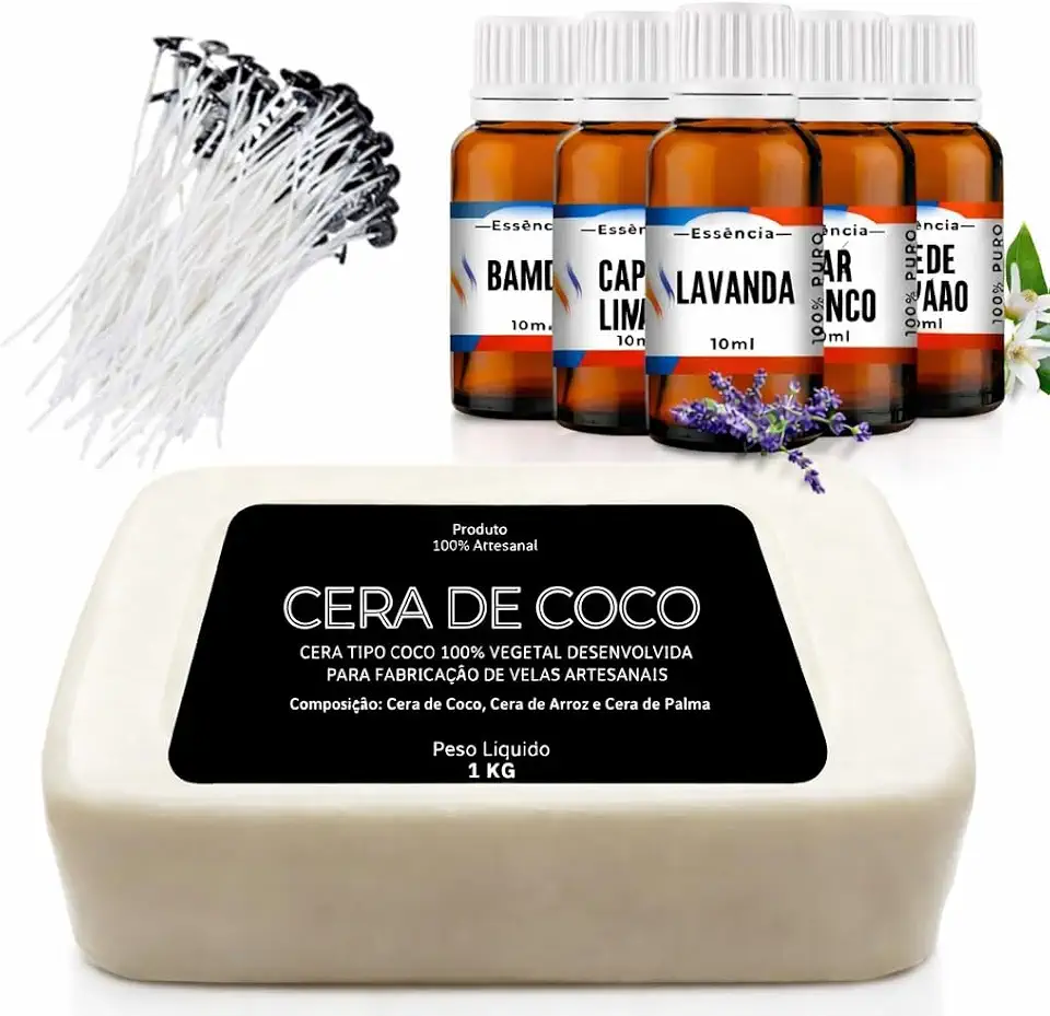 Kit Cera de Coco 1kg + Essência 10ml + 50 pavios Alt.10cm para velas Artesanais (Lavanda Francesa)