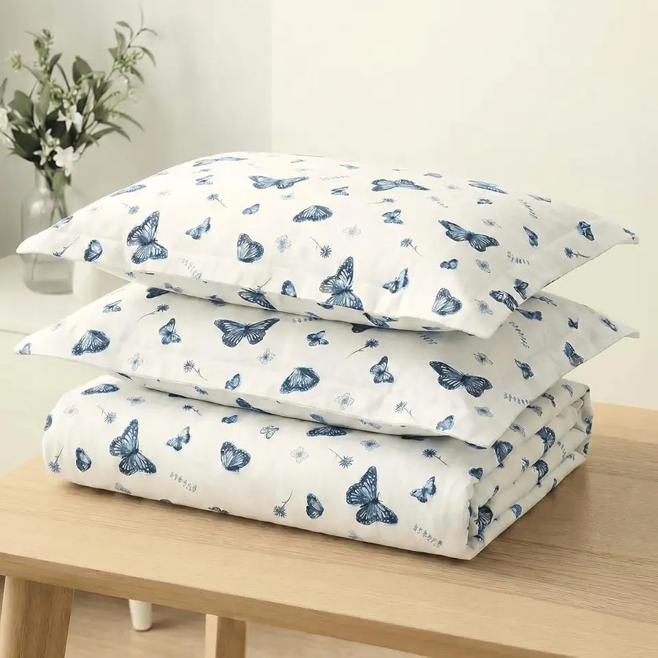 Jogo de Lençol Casal Percal 200 Fios, 80% Algodão 20% Poliéster, Estampado 3 Peças, 1,40m x 1,90m, com Elástico e Fronhas com Debrum (Borboletas Azul)