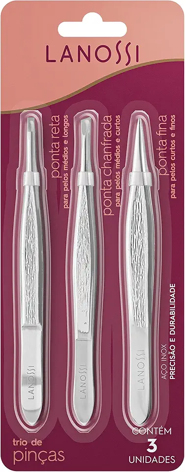 Lanossi - Kit com 3 Pinças Reta, Chanfrada e Fina