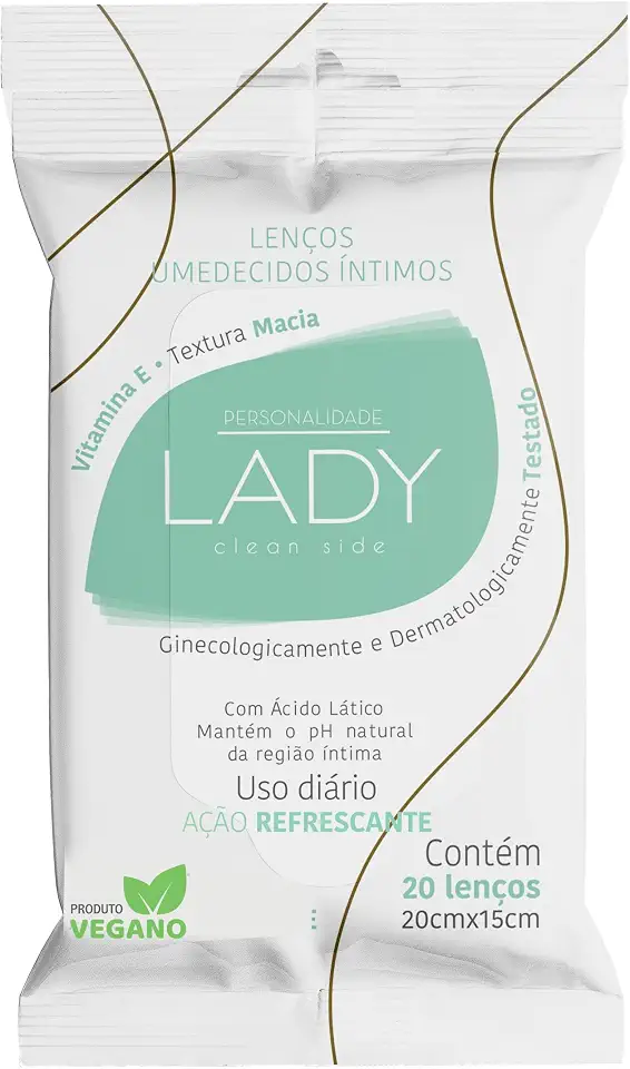 Lenço Umedecido Íntimo Personalidade Lady Clean Side Vitamina E com Ácido Lático 20 unidades 20cm X 15cm