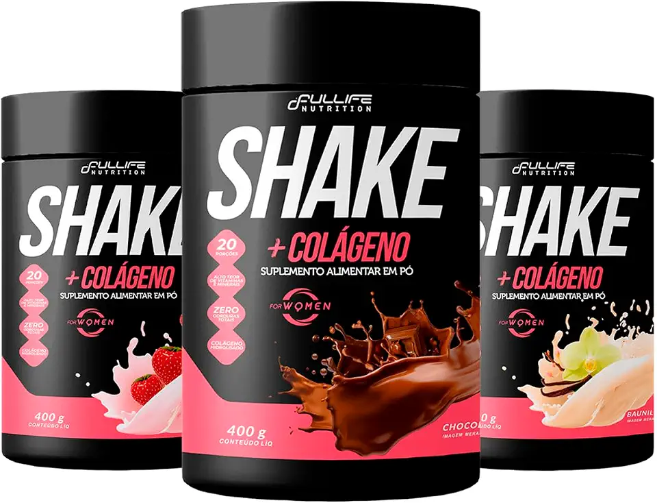 Shake Substituto de Refeição Com Colágeno Fullife 400g 3 Unidades (400g, Chocolate/Morango/Baunilha)