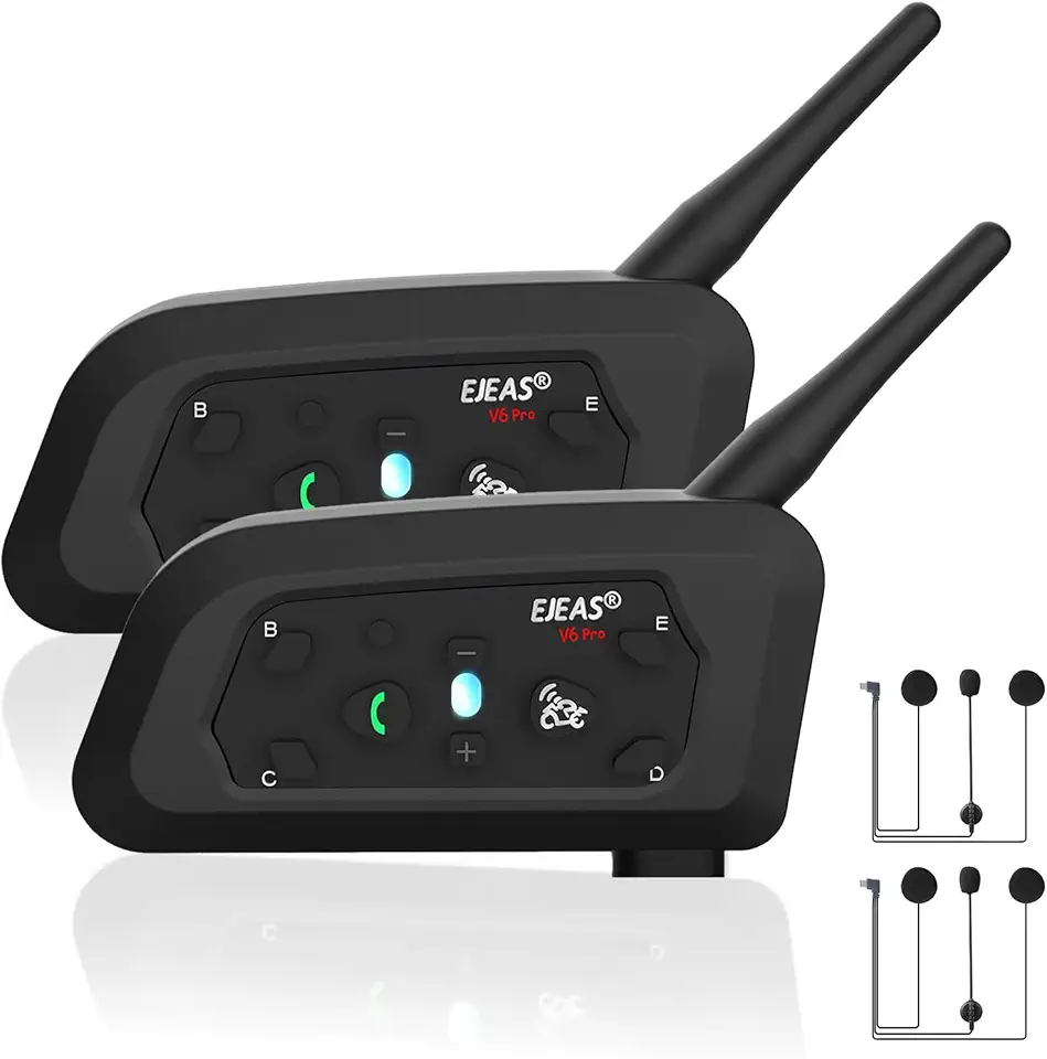 Fone de ouvido intercomunicador EJEAS V6 Pro com Bluetooth, bidirecional, 1.200 m, sistema de comunicação para esqui, quadriciclos, motocross, para capacetes completos e articulados (2 unidades)