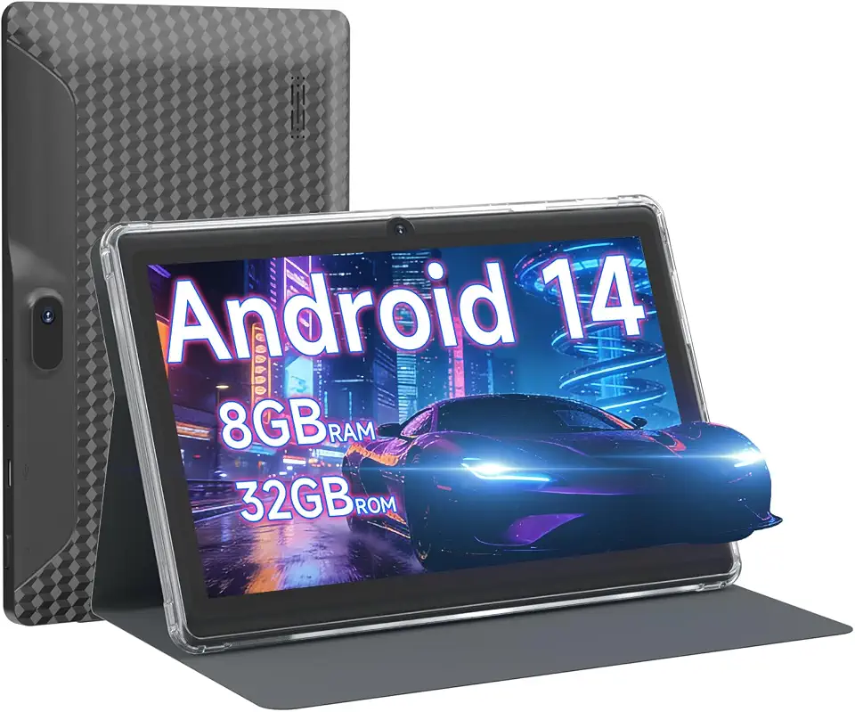 Tablet Android 14 tablets de 7 polegadas com capa, 8 GB de RAM, 32 GB de ROM, expansão de 1 TB, processador quad-core, tablet, tela IPS, câmera dupla, bateria de 3000 mAh, Bluetooth, WiFi 5G, GMS