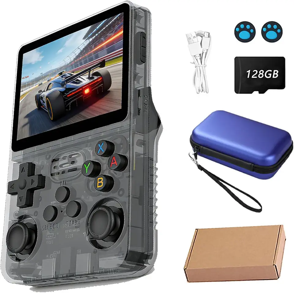 GOGOCAT Console de video game portátil R36S Retro de 128 GB,r36s console portatil, mais de 39.000 jogos, Arkos 2.0, tela IPS de 3,5 polegadas, reprodutor de vídeo de bolso (cor:preto)