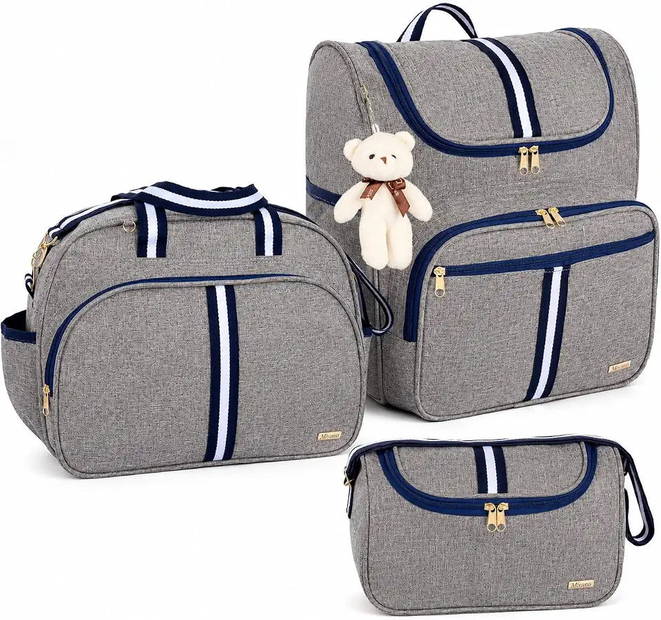 Kit Bolsas Maternidade 3 Peças com Mochila 2 em 1 faixa luxo Bolsa G Bolsa P e Mochila G Infantil Marinho AMOR