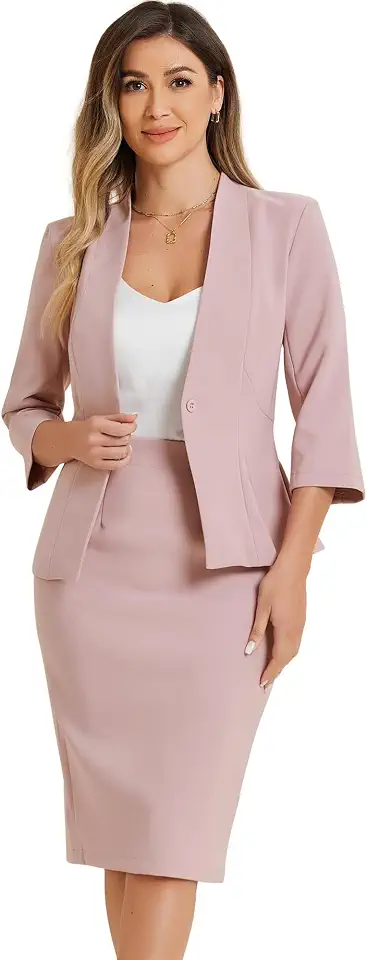 Conjunto de terno de saia de negócios para mulheres, 2 peças, escritório, trabalho, blazer sem colarinho, saia lápis
