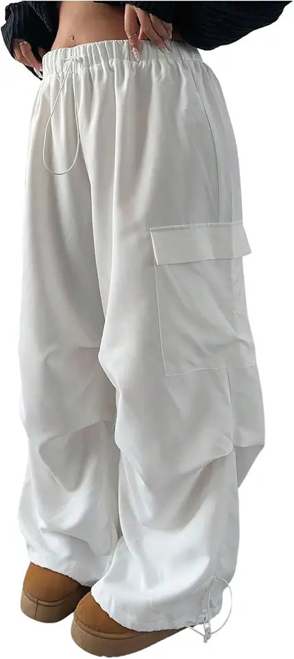 Calça cargo feminina plus size com cordão na cintura e perna larga solta paraquedas