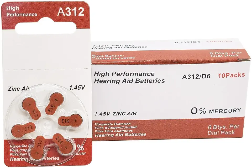 Baterias de aparelho auditivo sem marca tamanho premium 312 zinco-ar livre de mercúrio 1,45 V (60 baterias)