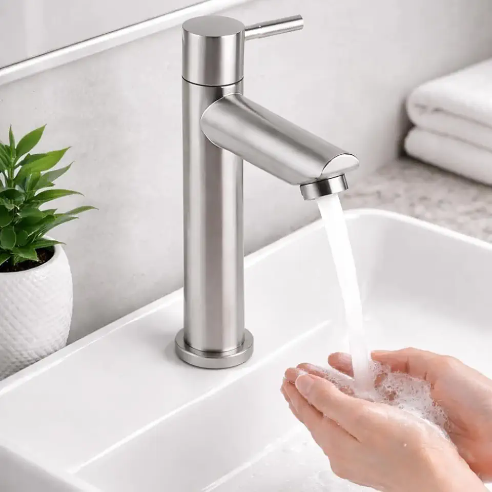 Torneira Banheiro Luxo em Aço Inox Escovado Monocomando Mecanismo 1/4 de Volta Moderna para Cuba Bancada Lavabo - Alto Padrão Premium