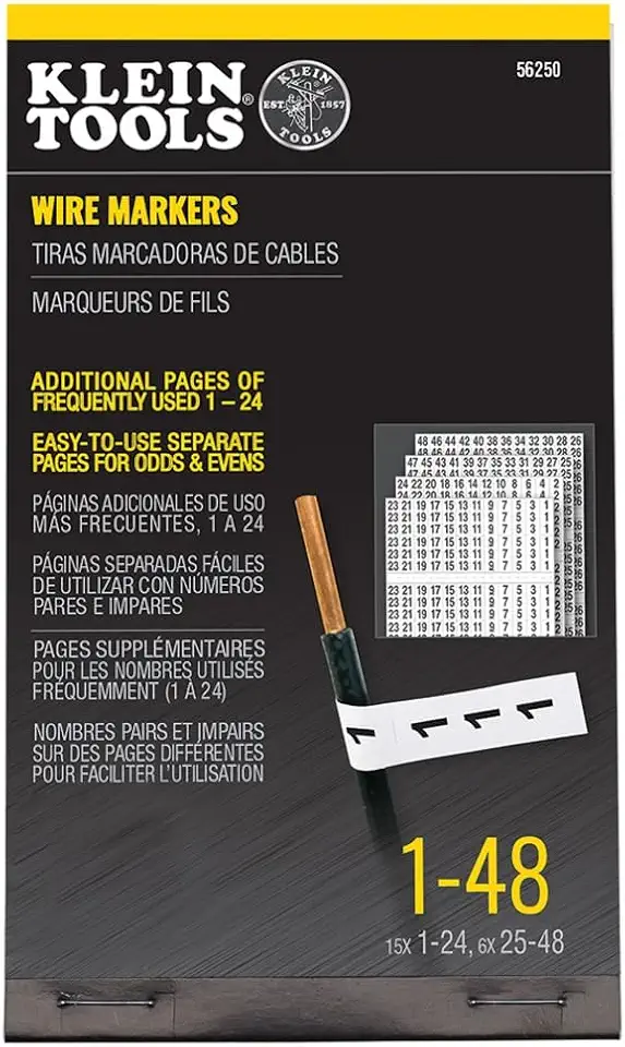 Klein Tools 56250 Livro marcador de fio para gerenciamento de cabos, organização de painel elétrico, adesivos de etiquetas de arame, numerados 1-48