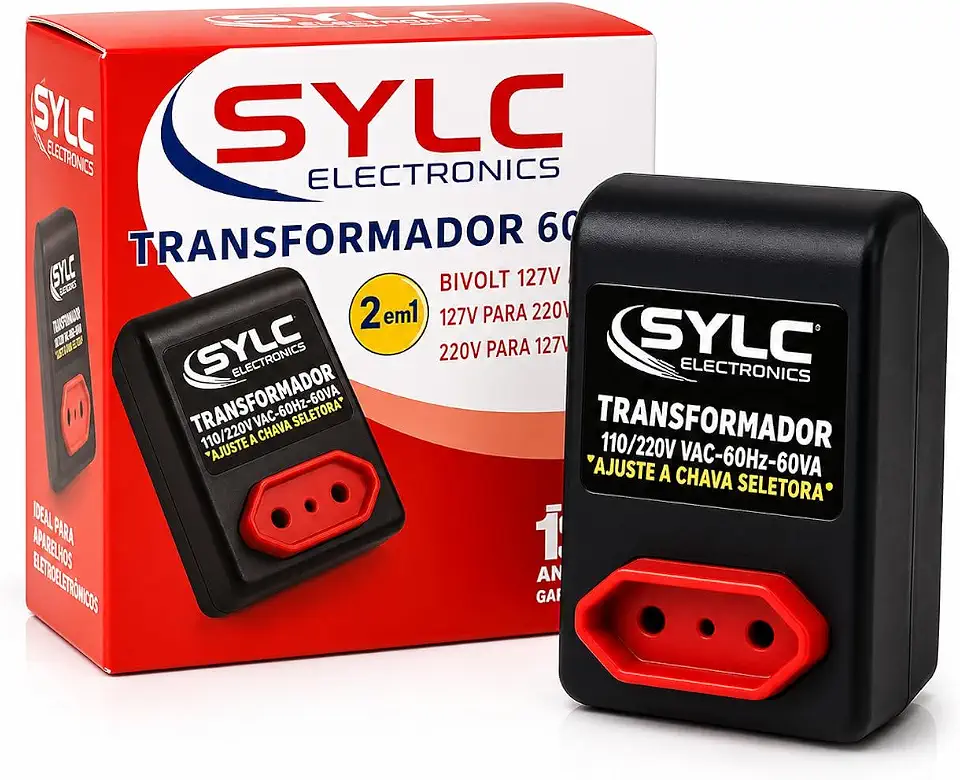 Sylc Electronics Autotransformador Bivolt 127V para 220V e 220V para 127V, 60VA 45W, Conversor de Voltagem Compacto, Preto e Vermelho, para Pequenos Equipamentos Eletrônicos