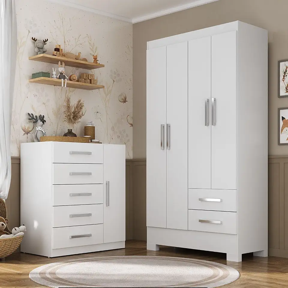 Quarto Infantil Completo Guarda Roupa 4 Portas 2 Gavetas com Cômoda Amy Espresso Móveis Branco