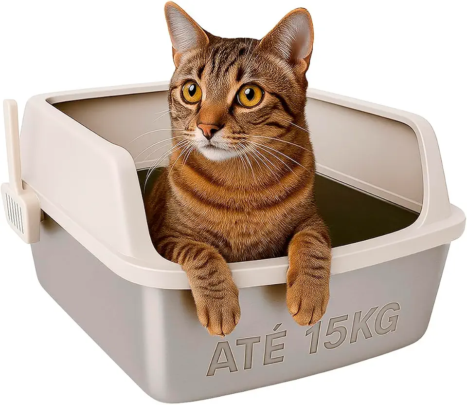 Caixa de Areia Para Gatos Aberta Grande Aço Inoxidável Borda Alta Elevada Banheiro Toalete Sanitário Bandeja Areia Grande Aço Resistente Anti-Odor Com Pá Higiênica 53cm (Bege)