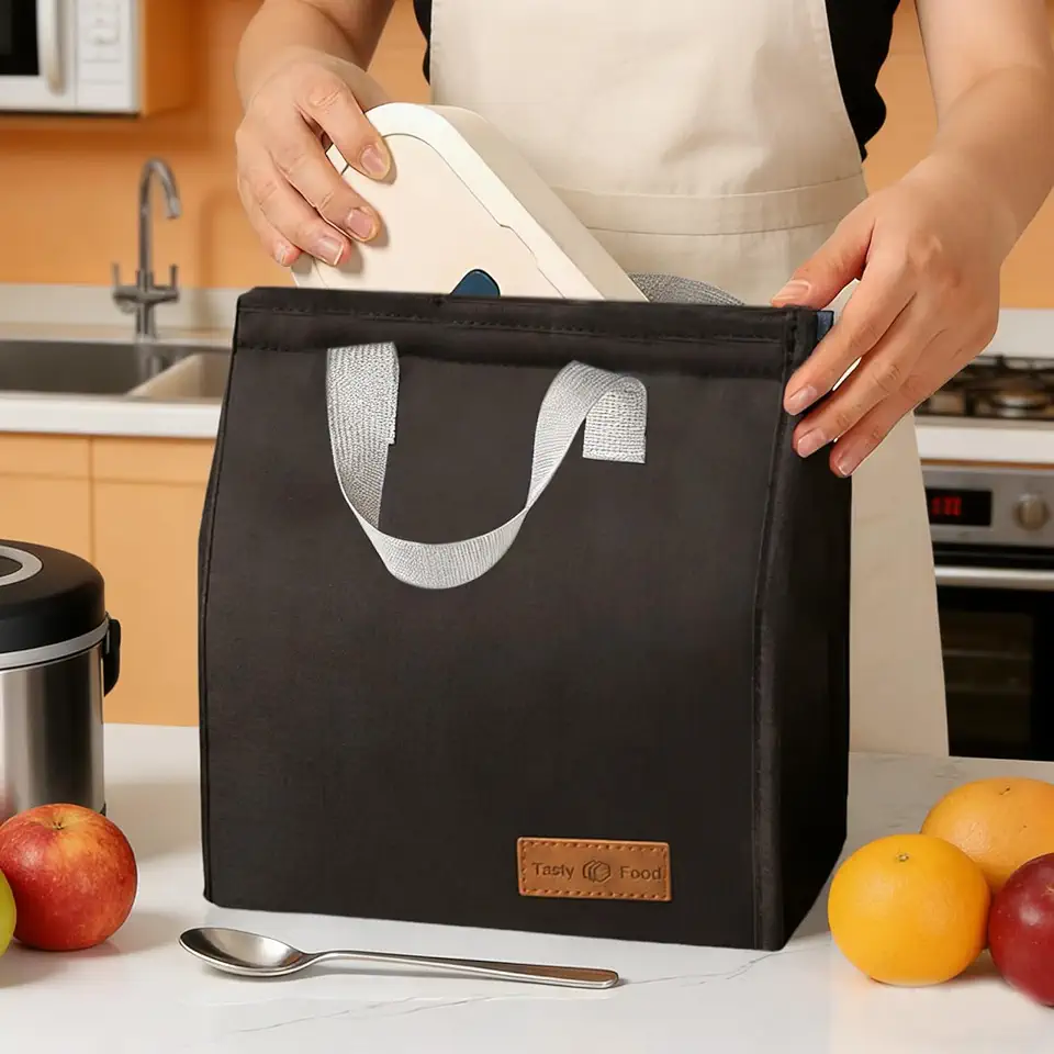 Sacola retangular para almoço, capa macia, portátil, com alça de tecido Oxford para escritório, trabalho, viagem, uso diário (preto)