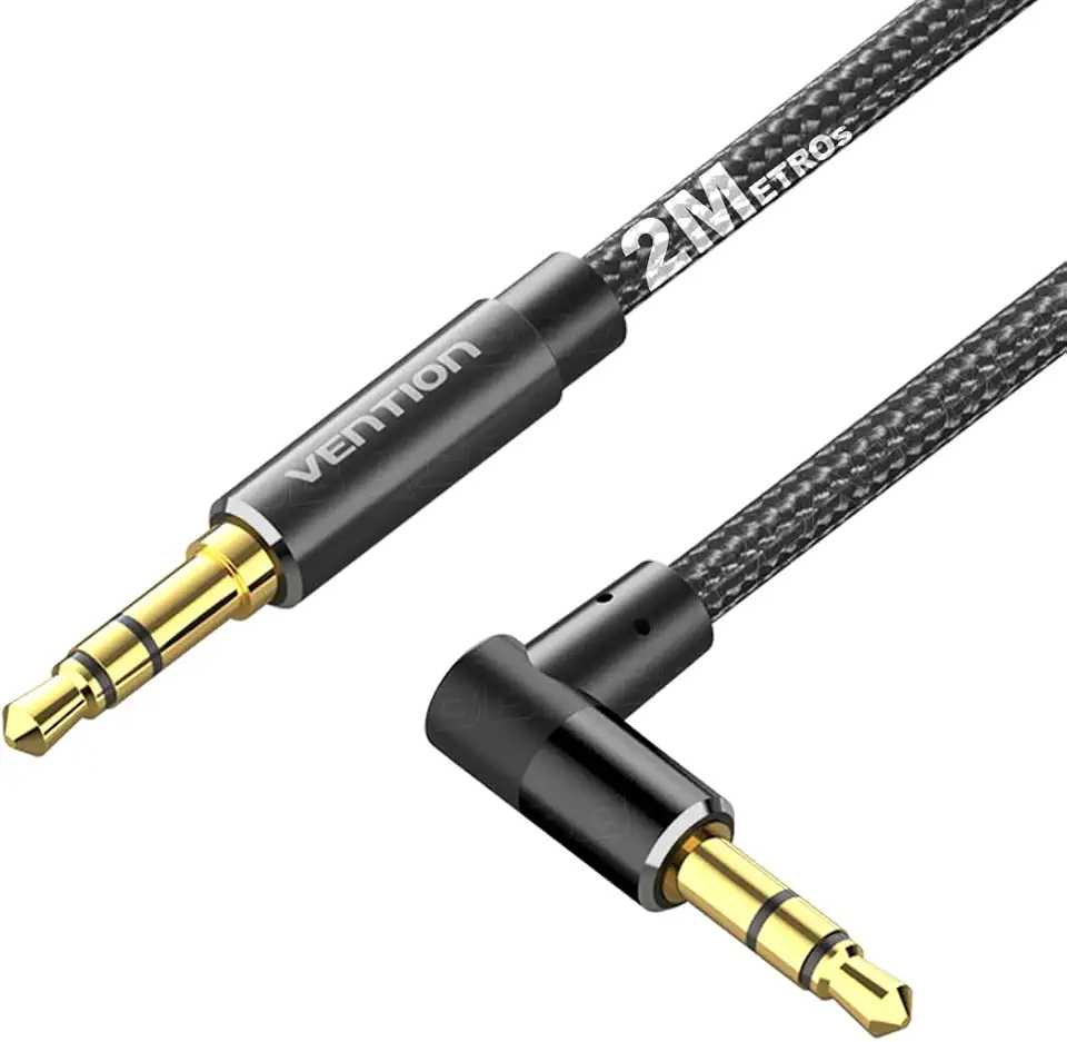Cabo Auxiliar Jack P2 X P2 Macho 90° Audio 2m (DOIS) Metros VENTION Estéreo HIFI Banhado A Ouro Resistente Nylon para Carro Som Fone TRS Caixa de Som