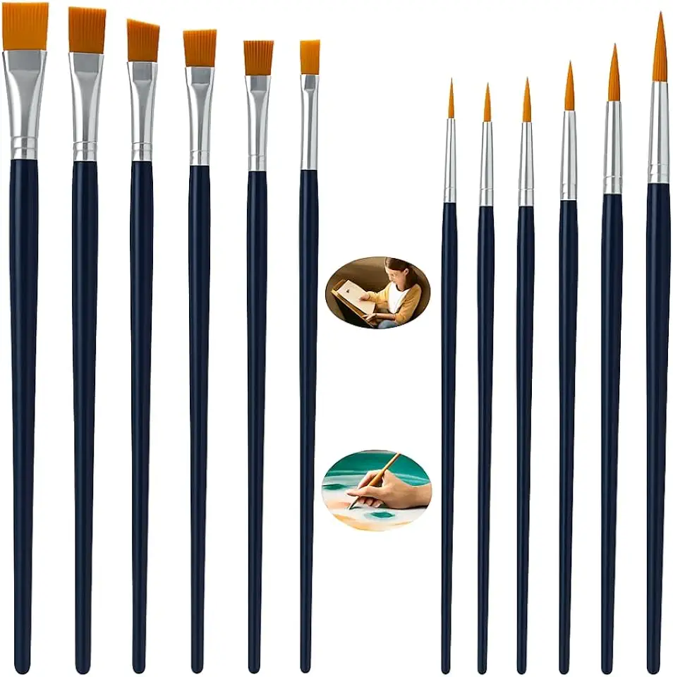 Kit 12 Pincéis para Pintura, 6 Ponta Fina Redonda e 6 Ponta Chata, para Aquarela, Óleo, Acrílica e Artesanato