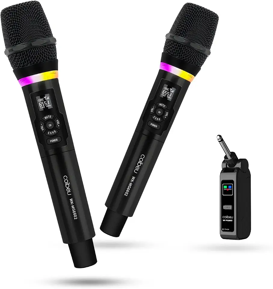 Microfone Sem Fio Profissional com Receptor 6.5mm, Cápsula Dinâmica Cardioide, Áudio Bidirecional, Display Digital, RGB, Bateria 10-12h, Plug and Play para Karaokê, Shows e Eventos