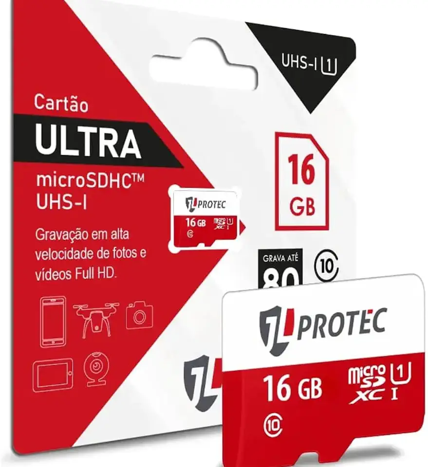 JLProtec Cartão de Memória 16GB Ultra 80MB/s - Classe 10 UHS-I MicroSDHC para Celular Android, Câmera e Tablet Full HD
