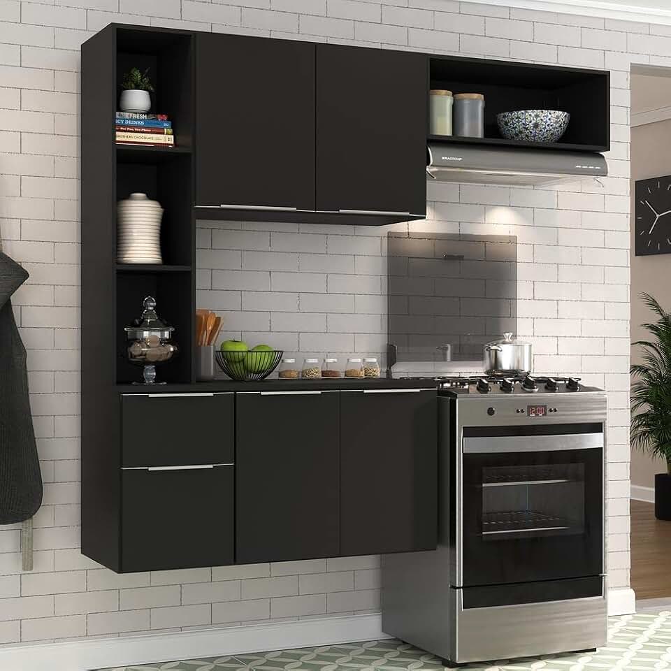 Cozinha Compacta Completa com Armário e Balcão Sofia Mp2001 Preta – Multimóveis, Design Moderno e Espaçoso